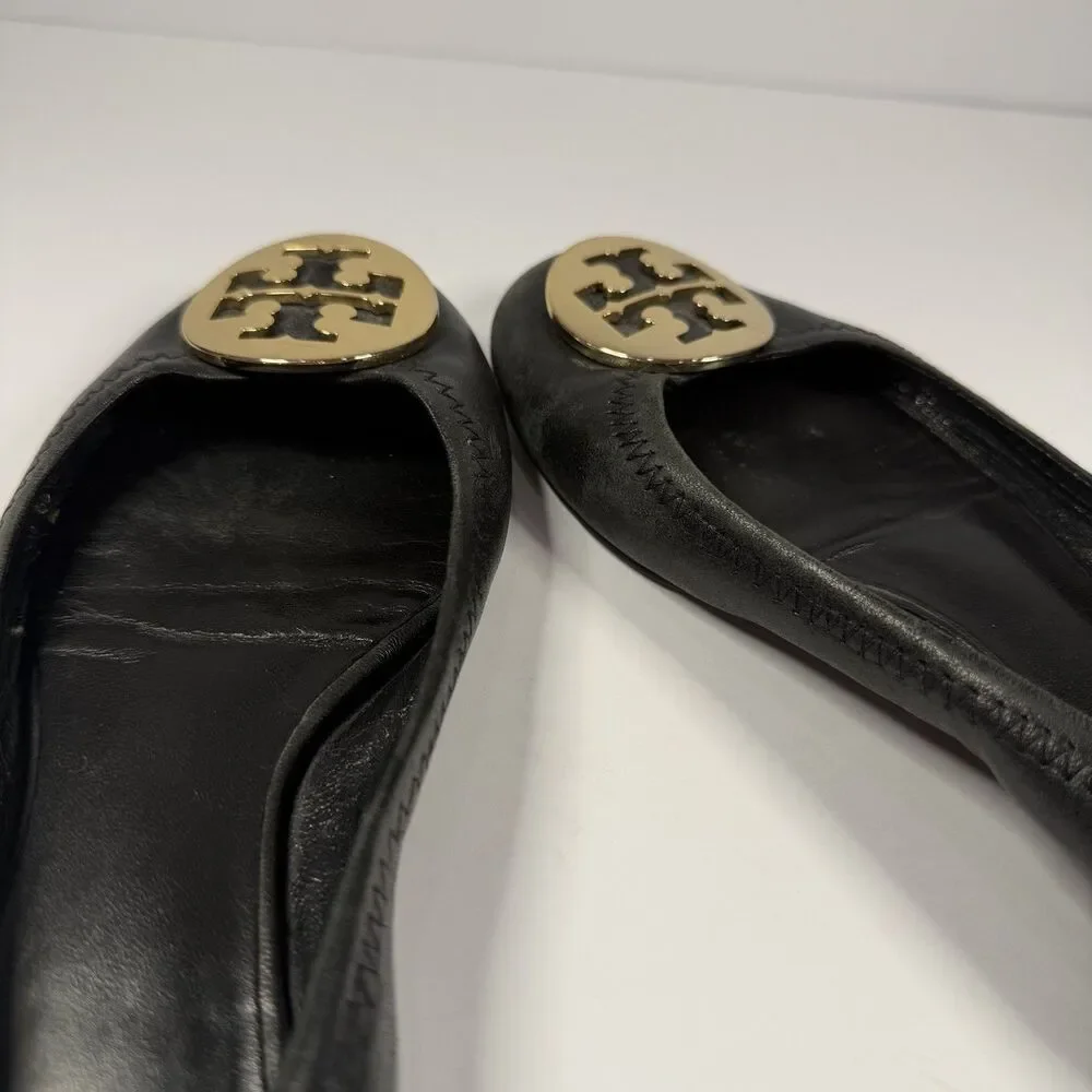 Tory Burch Leather Reva Ballet Flats Shoes Women 6.5 Black Gold Logo